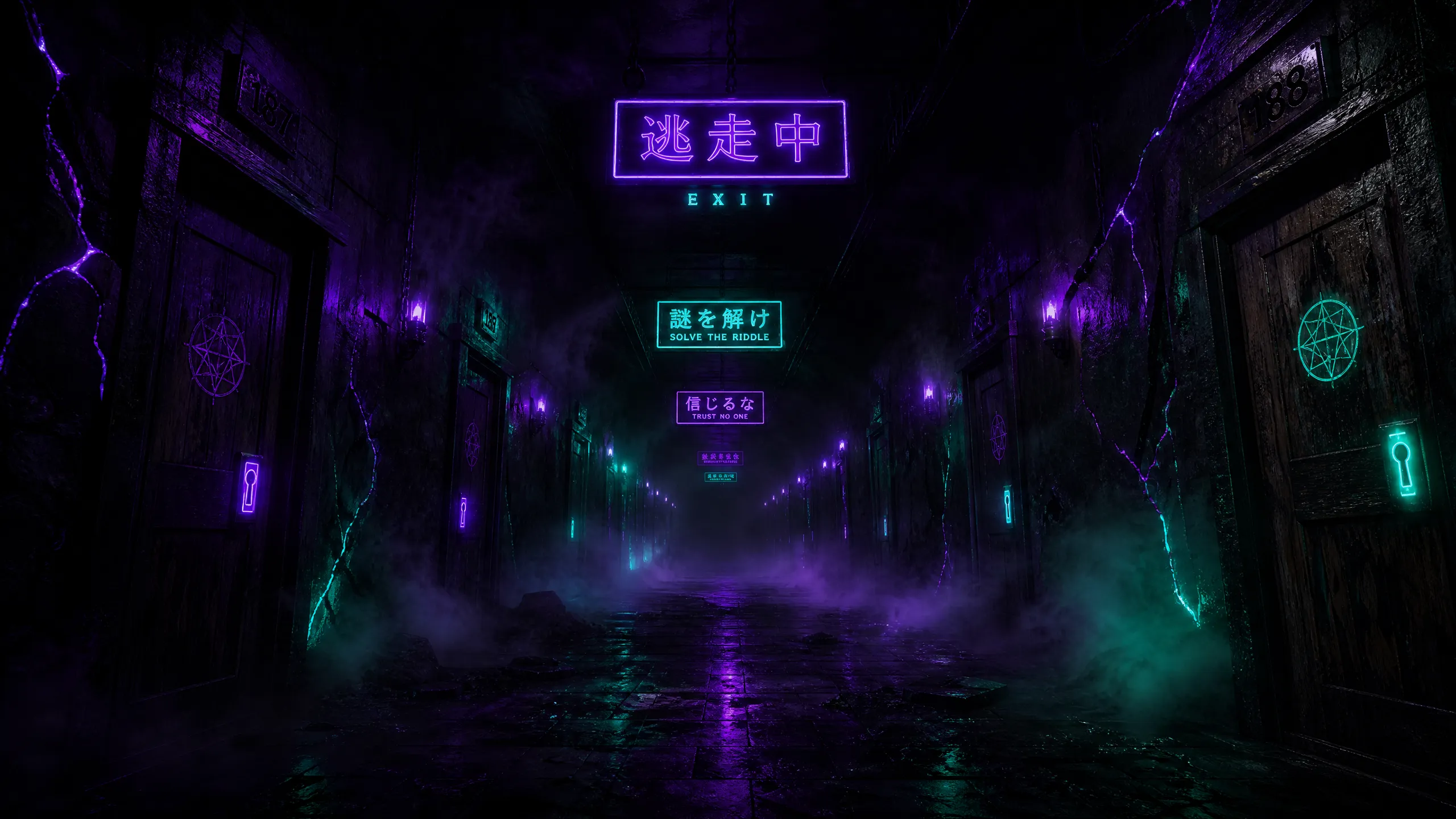 密室走廊第一人称视角，霓虹紫光与幽灵荧‌光绿交织的悬疑暗夜走廊