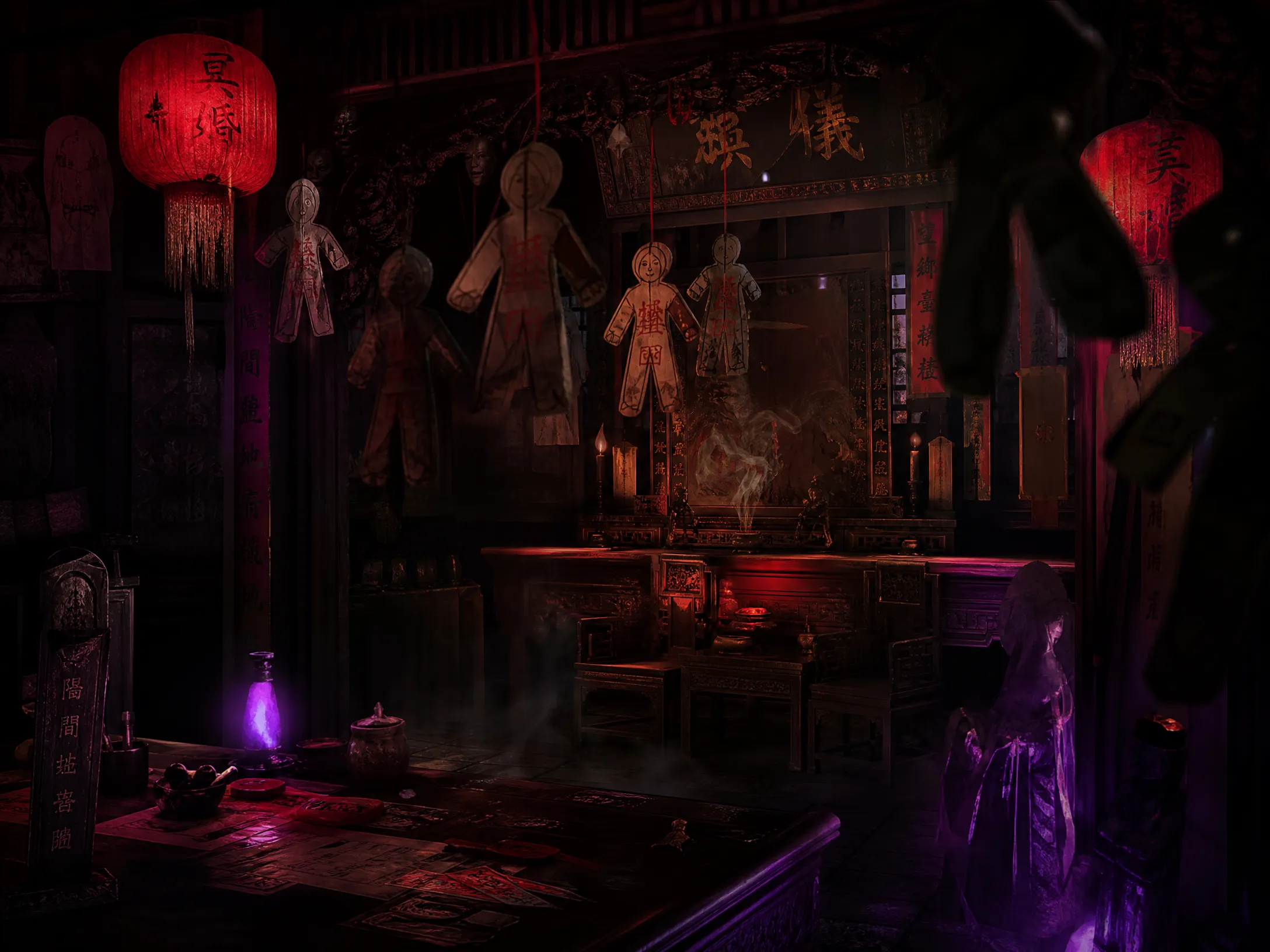 中式微恐密室主题：纸人古宅场景﻿